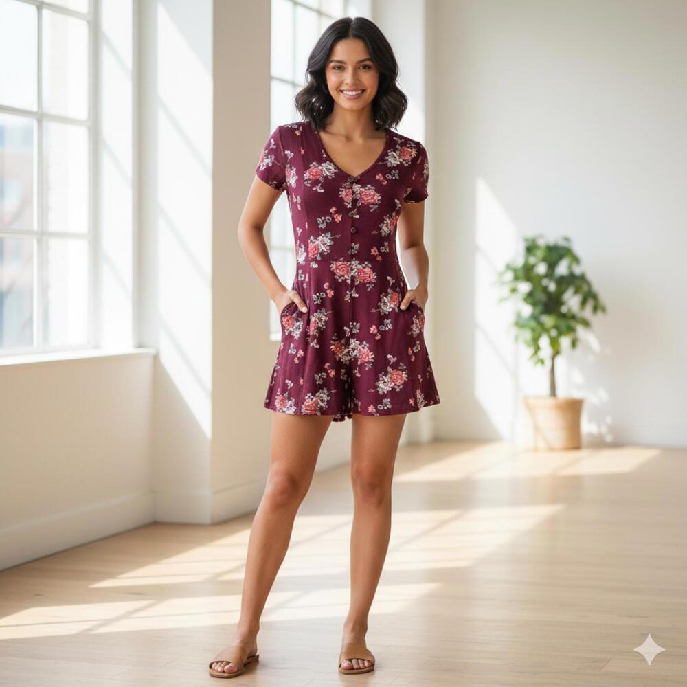 Floral Button-Front Romper in Burgundy
